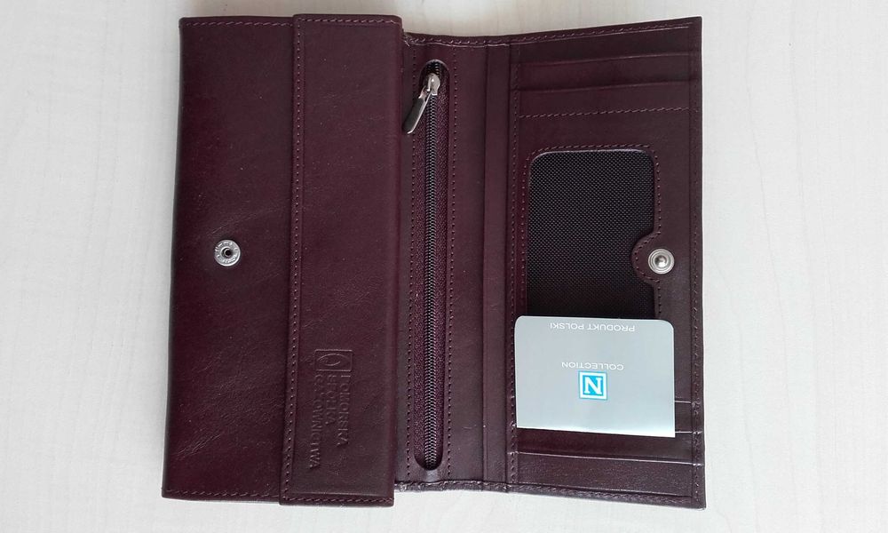 Portfel damski / portmonetka, kolor burgundowy, skóra naturalna, nowy