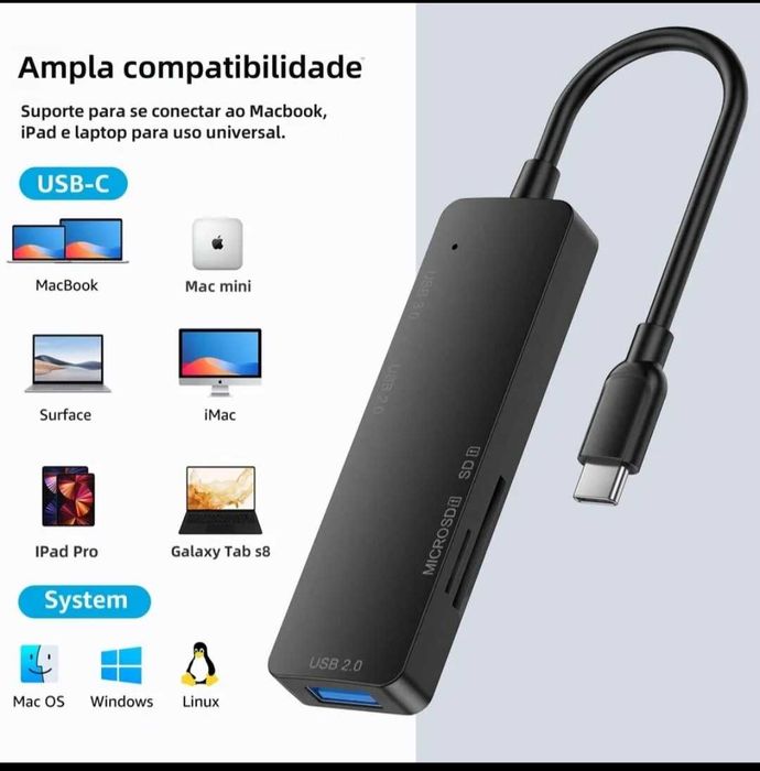 USB C HUB 3x portas USB 2.0 1x 3.0 Novo