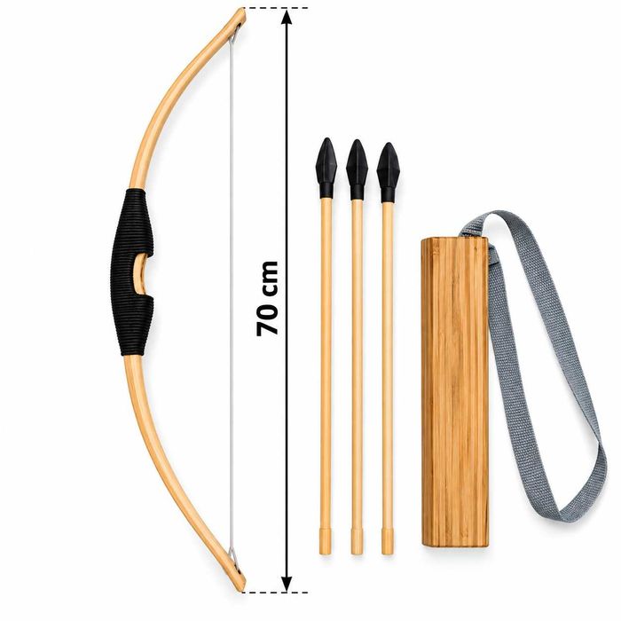 Drewniany Łuk 70 cm dla Dzieci + 3 Strzały + Kołczan