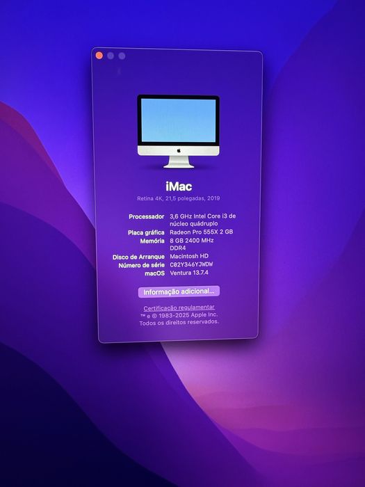 IMac 21,5 polegadas 2019 Retina 1Tb