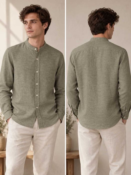 Octobre khaki melanż męska koszula stójka quiet luxury eco len lniana XS