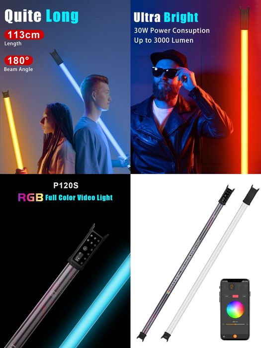 Bastão de Led tubular Luxceo P120S 113cm RGB 30W APP DMX SELADO