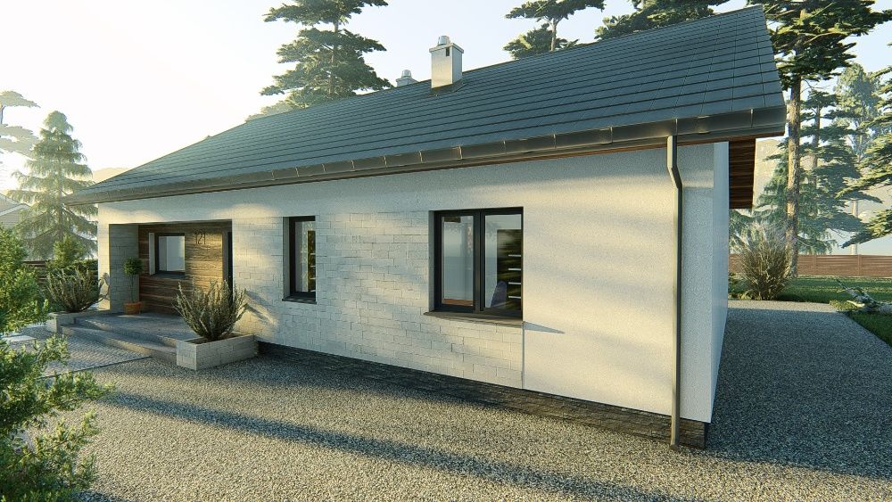 Projekt domu parterowego 108 m2 dach dwuspadowy, projekt typowy gotowy