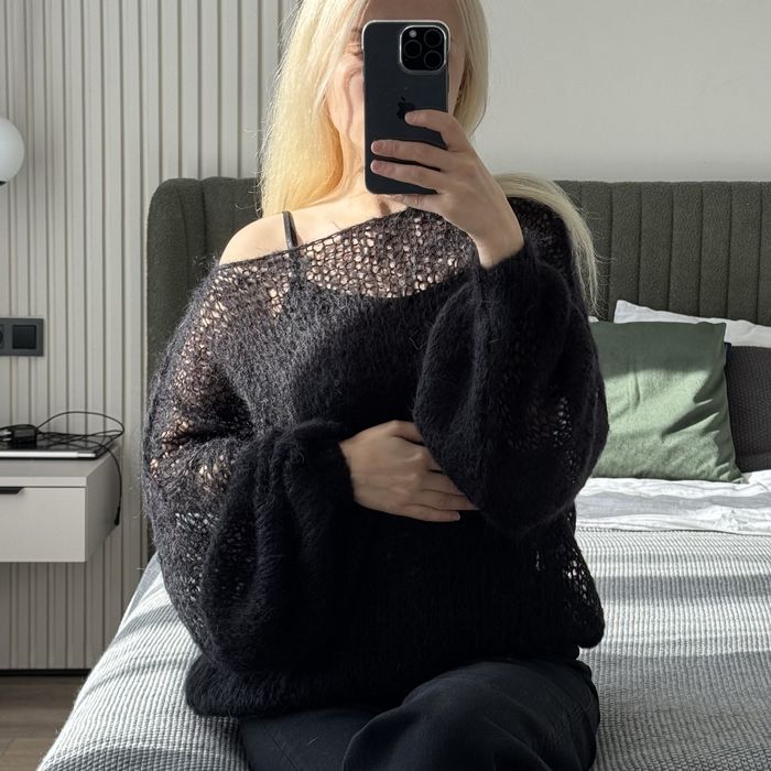 Светр чорний вовняний мохеровий павутинка хмаринка оверсайз ручна робо