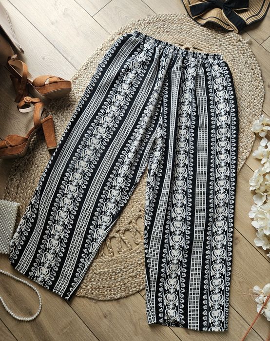 Damskie spodnie haremki boho – czarno-białe ornamenty