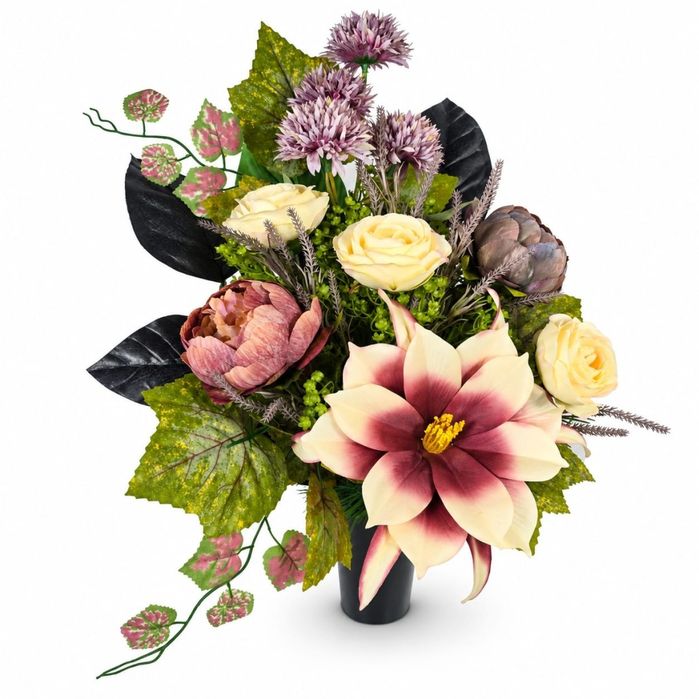 Wkład do wazonu na grób bukiet magnolia róże flakon sztuczne kwiaty 54cm