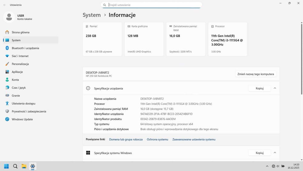 HP 15,6" na Intel 11-gen. / Prawie nowy, Gwarancja
