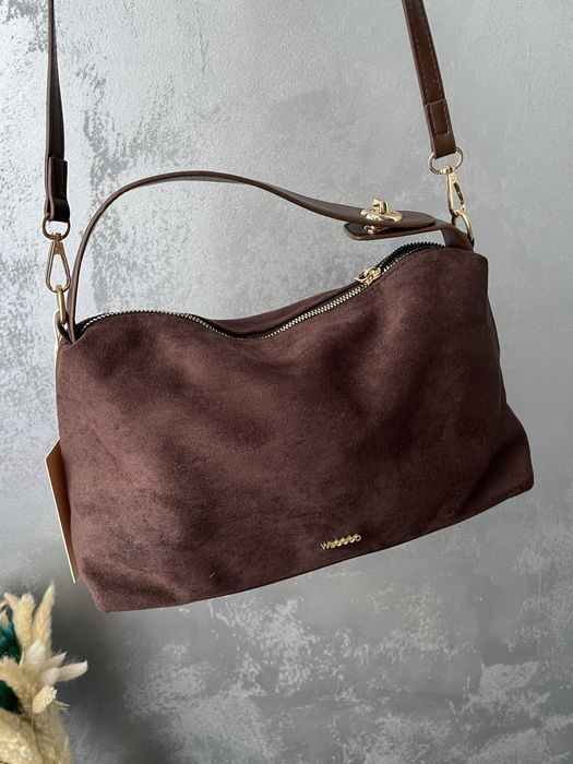 шоколадна замшева сумка через плече