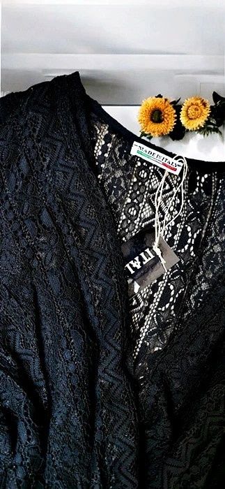 Czarna Sukienka Kopertowa Koronkowa Ażurowa Boho Hippie Gothic Premium