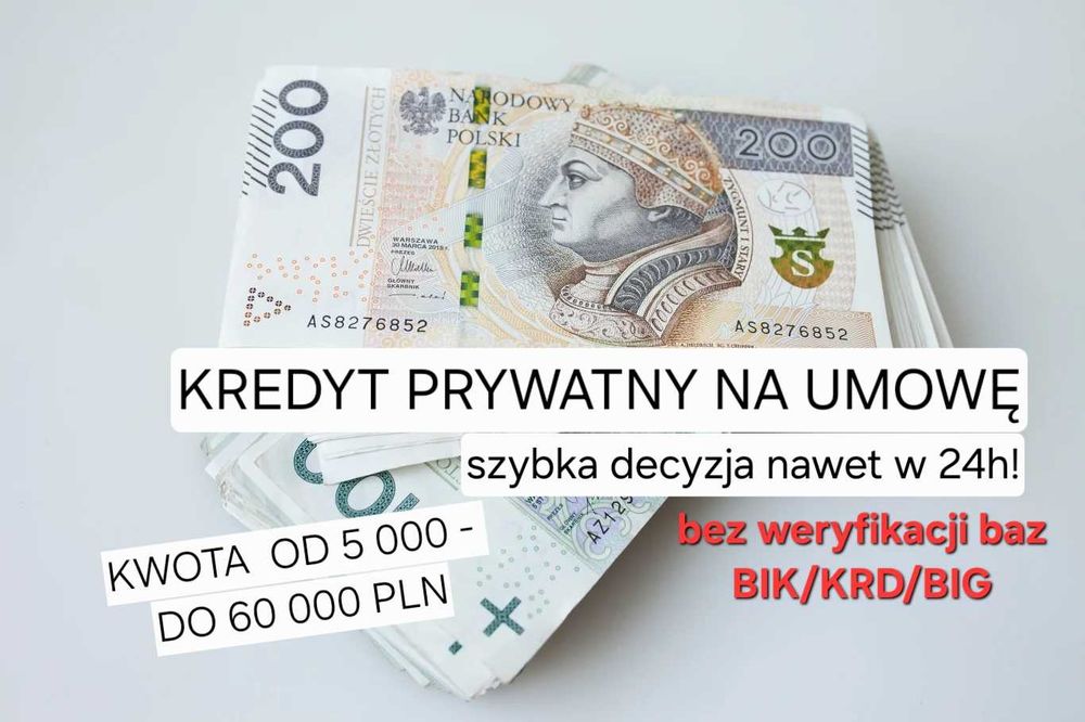 KREDYT z prywatnych środków, POŻYCZKA do 60 000 zł - Decyzja w 24h!