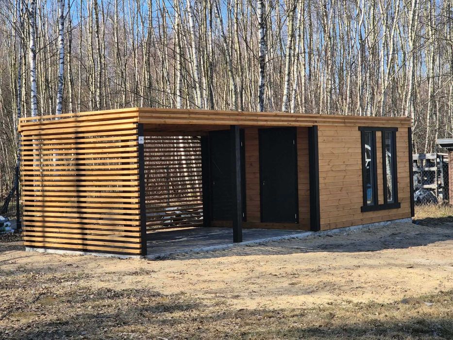 Domek narzędziowy z altaną • • • • BLANCA • • • • 8x4 m czarne lamele DREWNOTRIK