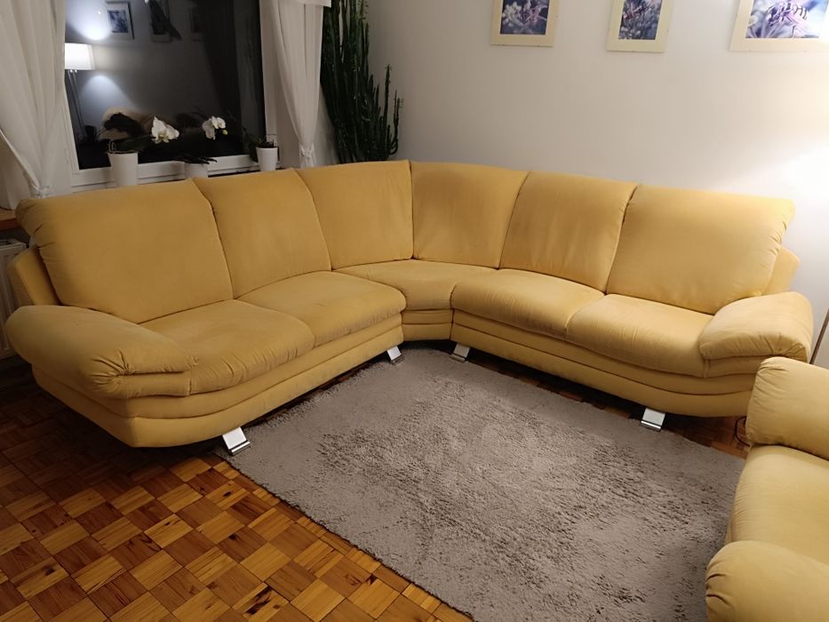 Narożnik + fotel – komplet wypoczynkowy, żółty, zadbany
