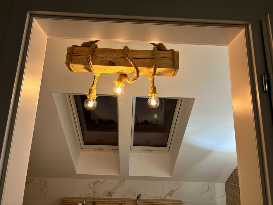 Lampa Żyrandol z drewna i liny unikatowe oświetlenie 3 źródła światła!