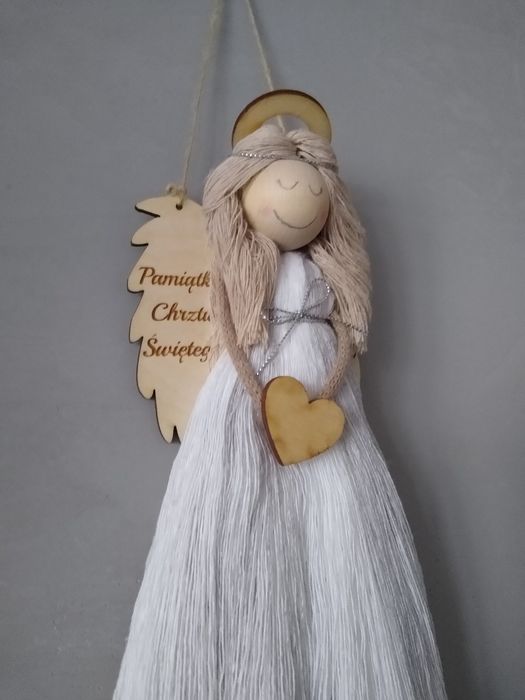 Zawieszka anioł makrama, Anioł komunia,pamiątka chrztu Świętego,