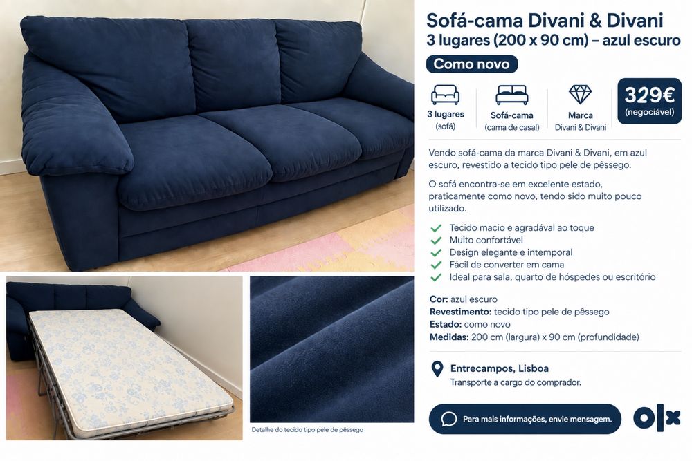 Sofá-cama Divani & Divani 3 lugares (200x90 cm) azul escuro - como novo