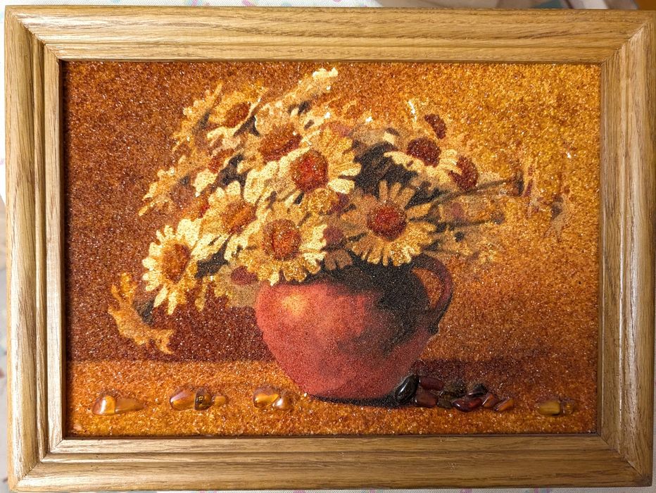 Янтарная картина Ромашки. Новая. Картина з бурштину 20×30 см