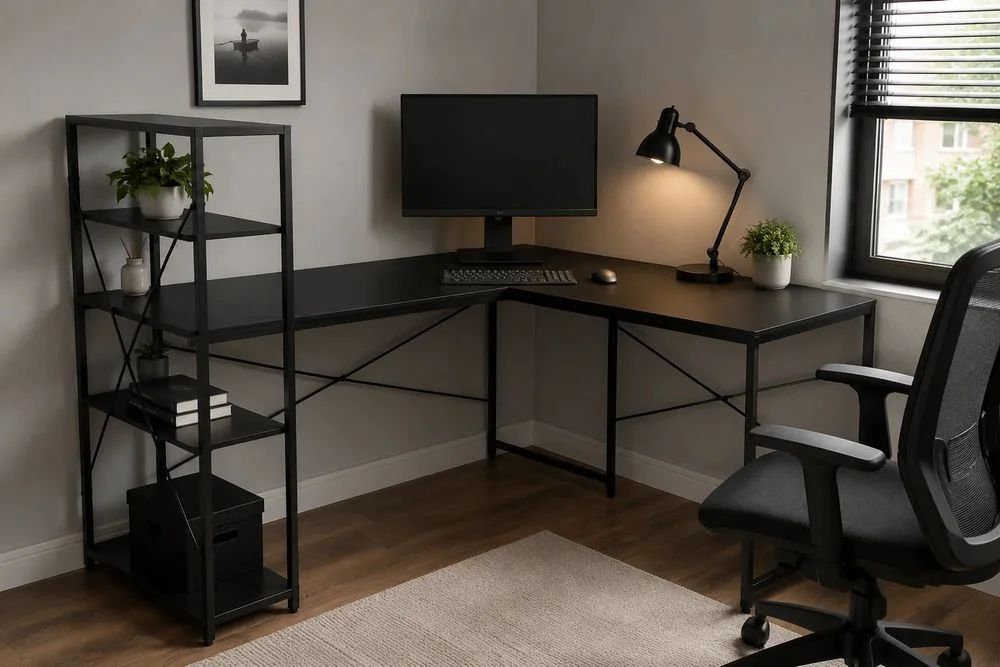 NOWE Biurko Narożne 140 cm Z Regałem Loftowe Metalowe Gamingowe Z Półkami Do Biura Pracy Pokoju Stabilne Czarne Duże Biurowe Szkolne Loft OKAZJA FV!