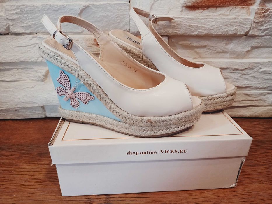 Vices Sandały koturny Damskie Niebiesko Brązowe Skóra ekolo r.39.C.P.1