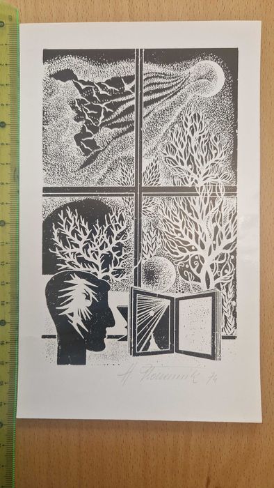 Henryk Płóciennik, grafika / linoryt, sygnowana, 1974