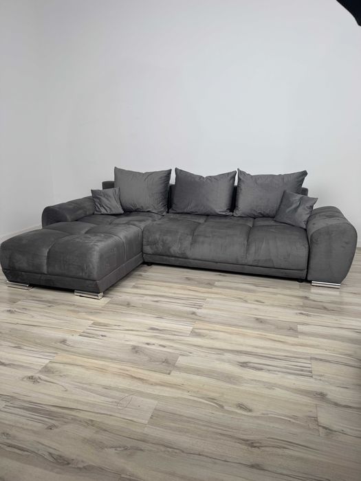 Narożnik L szary z funkcją spania pojemnik hit wysyłka welurowy okazja