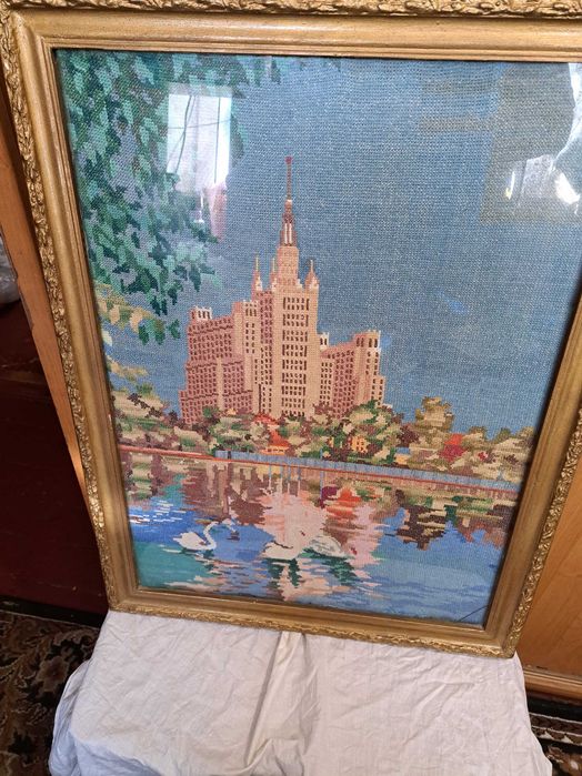 Картина, Вышитая, ручная работа, стекло, рама, рамка, архитектура