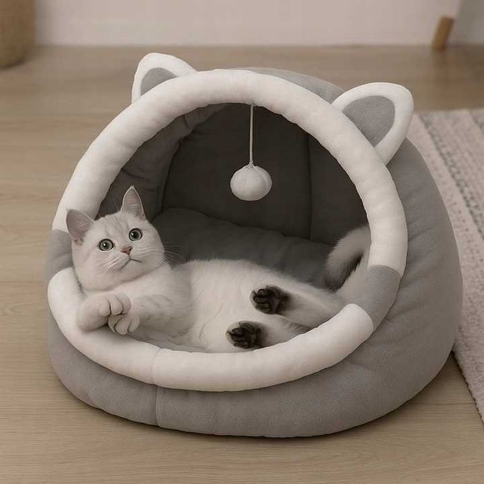 Okrągła budka dla kota szara 31 cm tekstylna