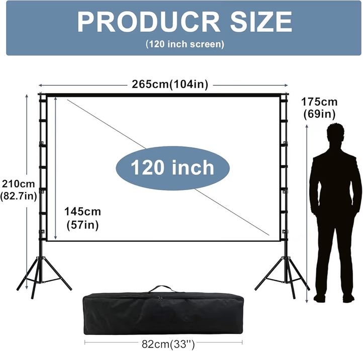 Ekran projektora ze stojakiem, 120 cali 16:9 do kina domowego z HDMI 2.5m
