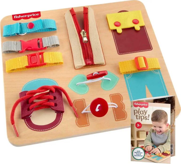 Дерев'яна дошка-бізіборд Fisher-Price Montessori Wooden Dressing Busy Board JDM57