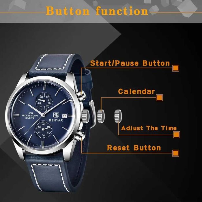 Zegarek Benyar 42mm granatowa tarcza pasek chronograf wodoszczelny