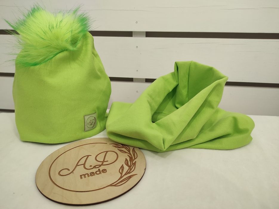 Komplet bawełniany czapka ,komin Limonka Damski , Pompon