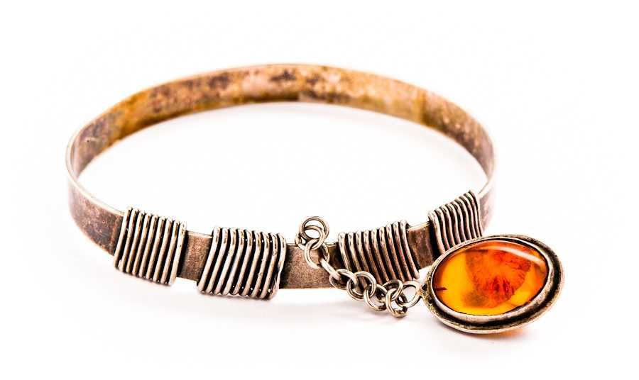 Srebrna Bransoletka z Bursztynem - 28,65g - PRL - RYTOSZTUKA - Kraków