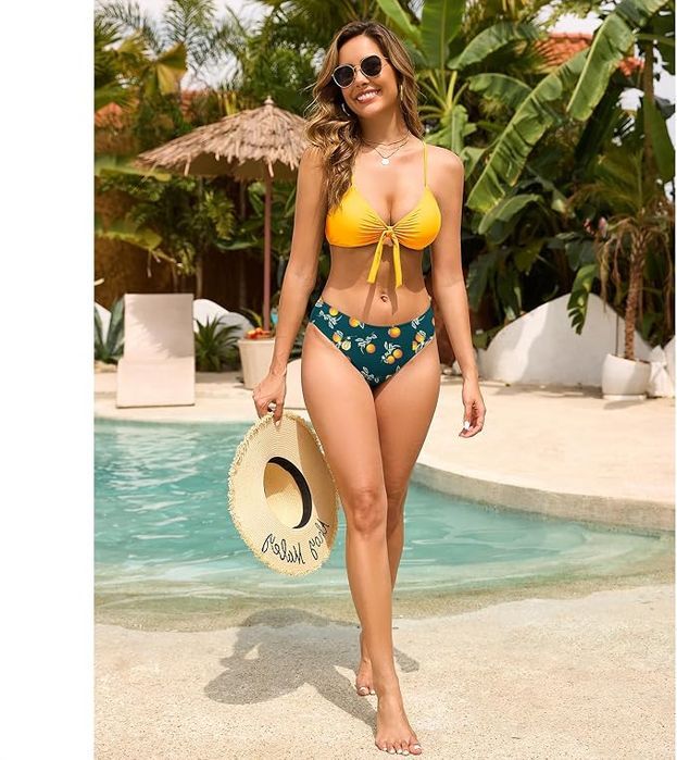 Damskie bikini push-up z wysokim stanem, żółte, XXL