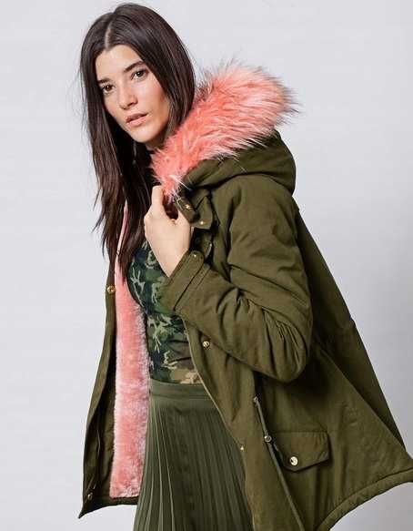 ZARA Luksusowa KURTKA parka kołnierz futerkowy khaki S