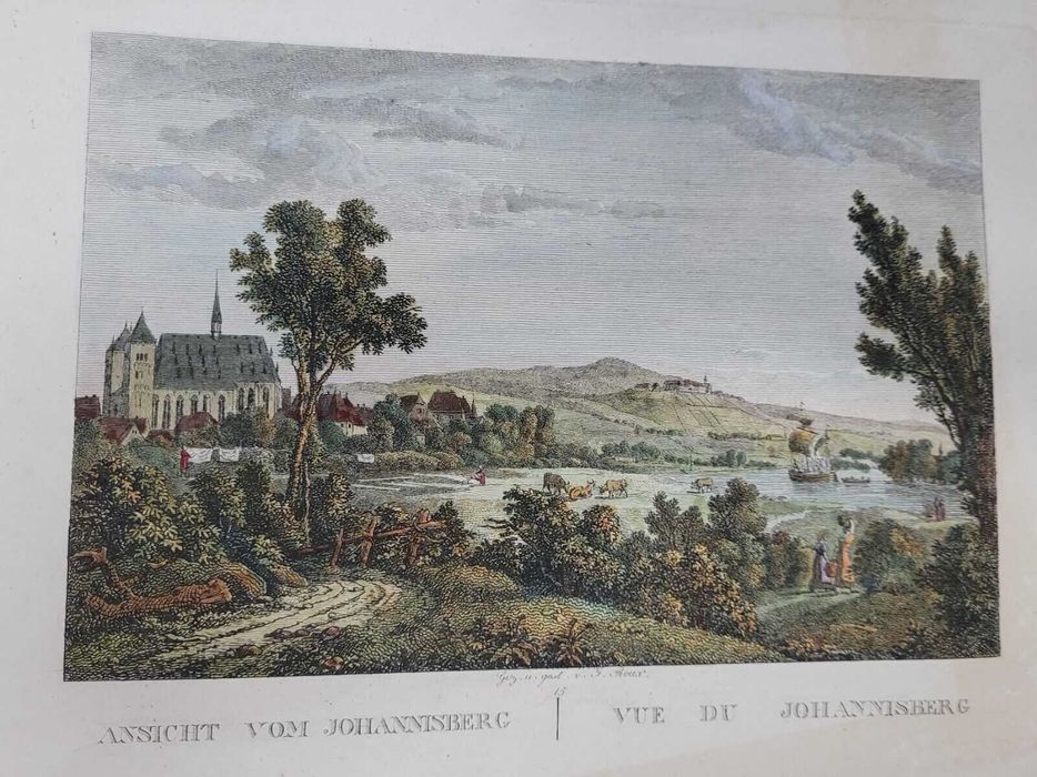 Stary zabytkowy antyczny miedzioryt widok na Johannisberg i Ren, Roux.