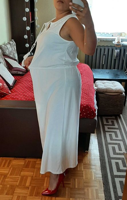 Biała sukienka bawełniana maxi na gumce koronka M 40 L 42