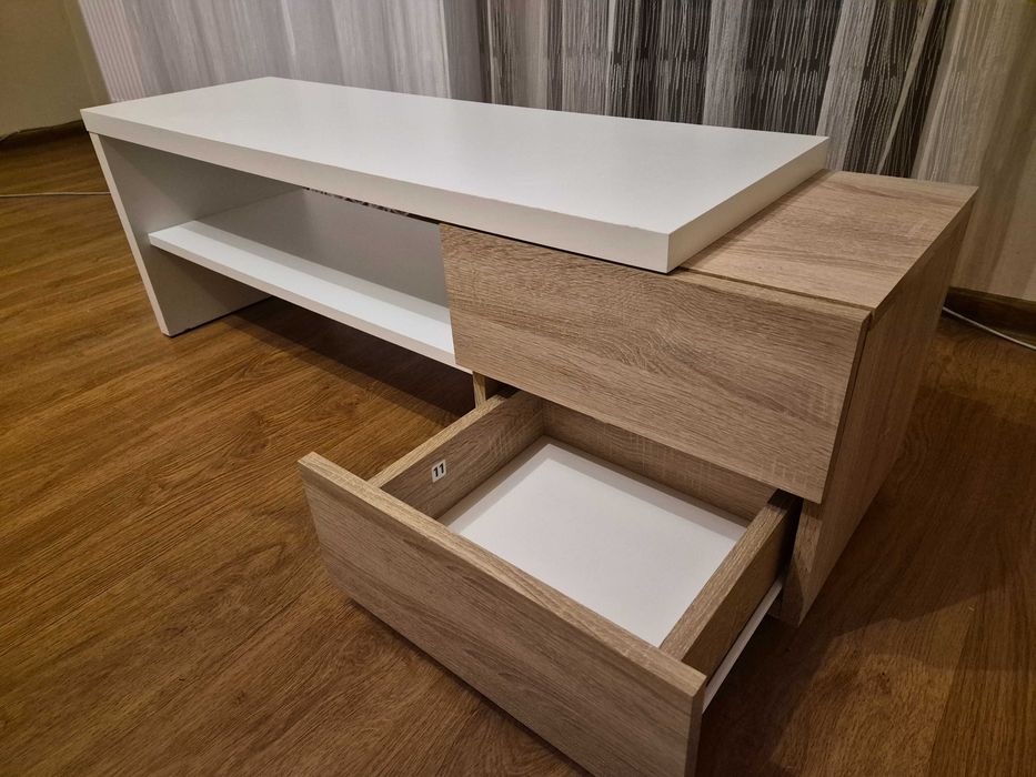 Szafka RTV - biała + dąb sonoma, 2 szuflady