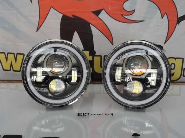Faróis FULL LED CREE de 7 polegadas com médios, maximos, Angel eyes e pisca em led fundo preto, compatíveis com Hummer, Jeep Wrangler JK TJ LJ, Land