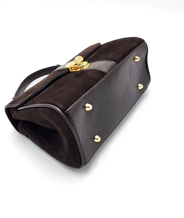 Torebka damska kuferek skóra naturalna zamsz czekoladowy brąz