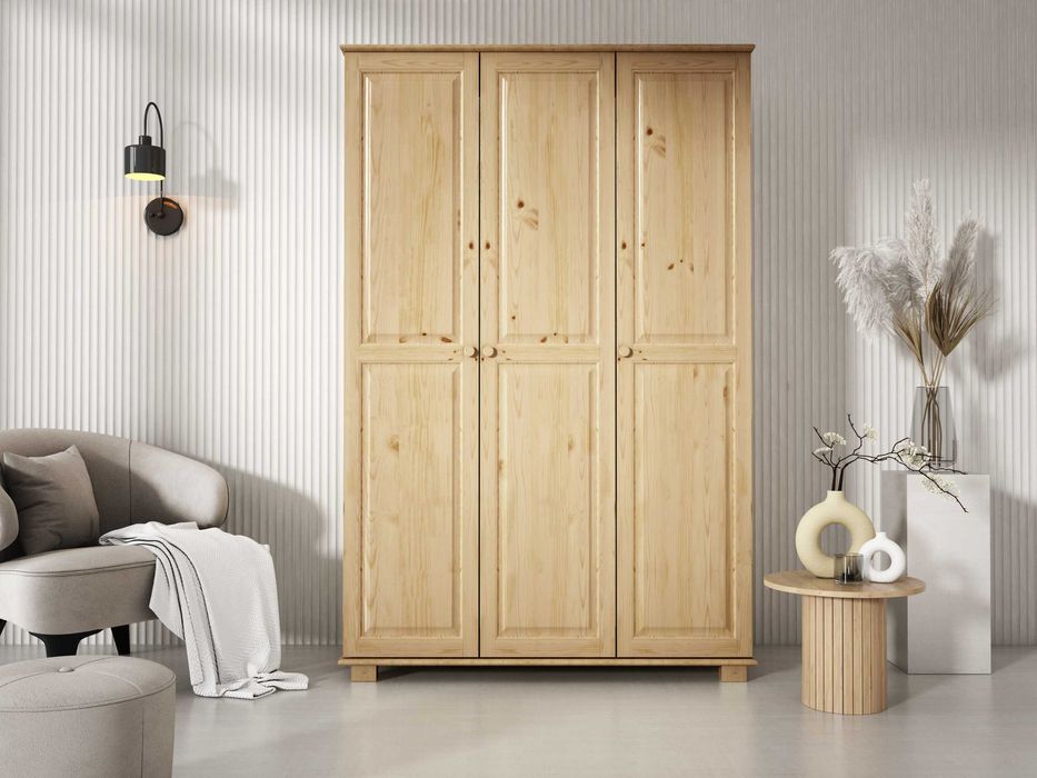 Szafa drewniana sosnowa trzydrzwiowa 120 cm z przegrodą półki i drążek