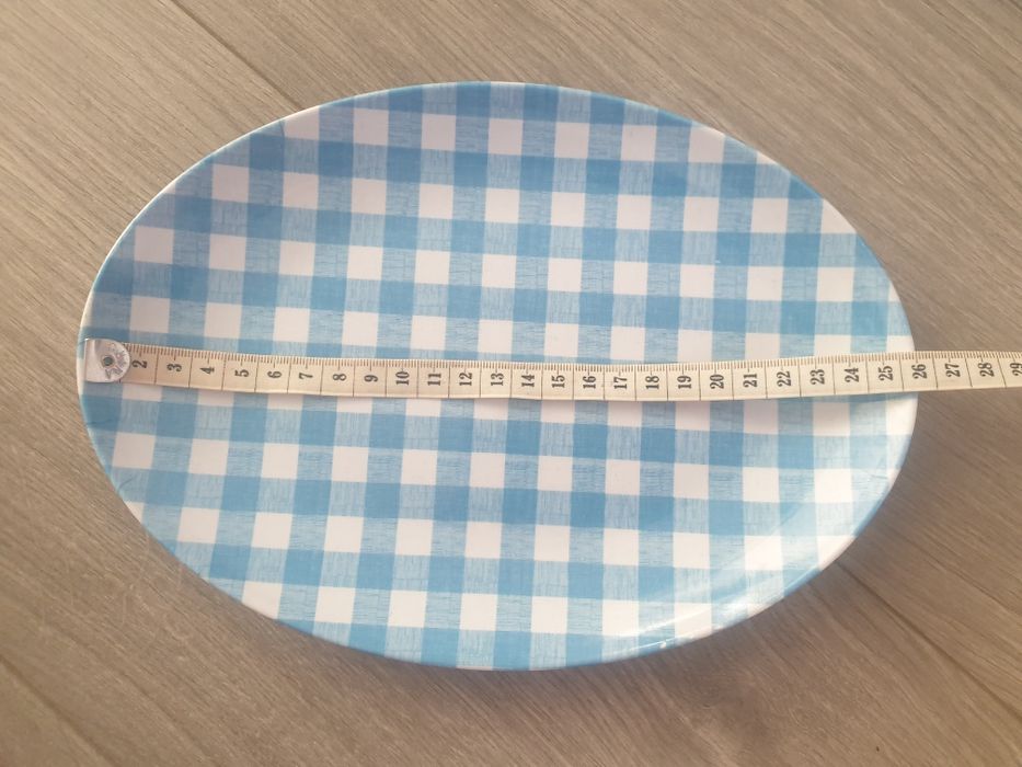 Półmisek plastikowy krata gingham biało niebieska retro