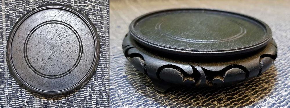 Pote com tampa em louça de Macau com peanha em madeira