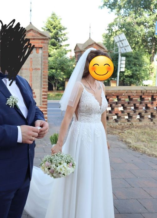 Suknia ślubna S/36 brokat+welon