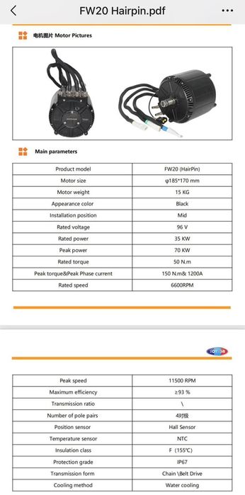 Silnik bldc Sotion fw20 hairpin 70 kW fardriver 962000