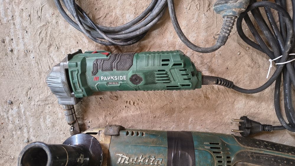 Zestaw elektronarzędzi: Makita, Parkside, Erbauer, Handy i Celma.