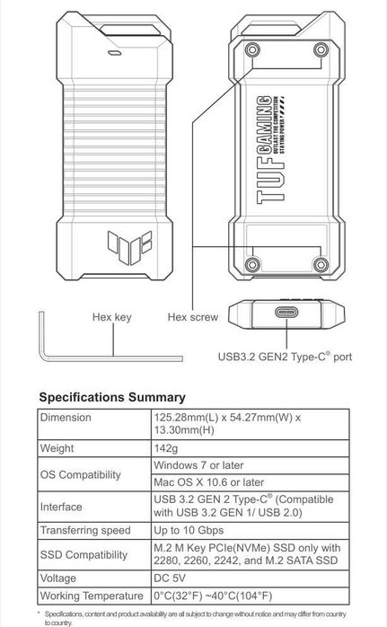 Новый карман Asus TUF Gaming A1 M.2 SSD NVME/Sata USB 3.2 Type-C