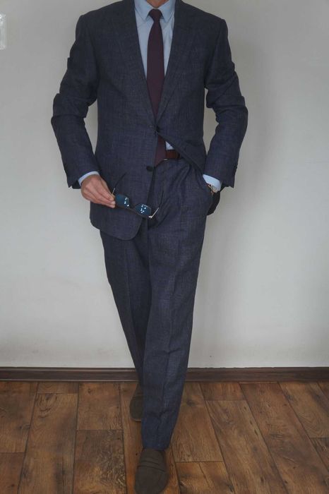 Letni Garnitur ZEGNA Rozmiar 54 | Len i Wełna | Granatowa Krata | Rękawy Funkcyjne