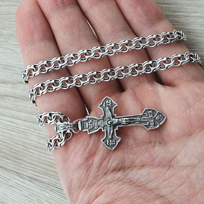 Чоловіча срібна цепочка з хрестиком з жорстким вушком ланцюжок Бісмарк