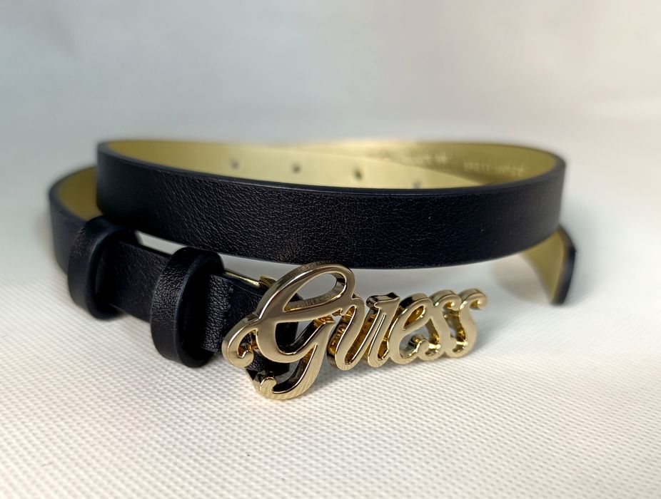 Guess Pasek Damski Nowy Czarny Logo Premium Wąski 1,5 cm x 85 cm Black