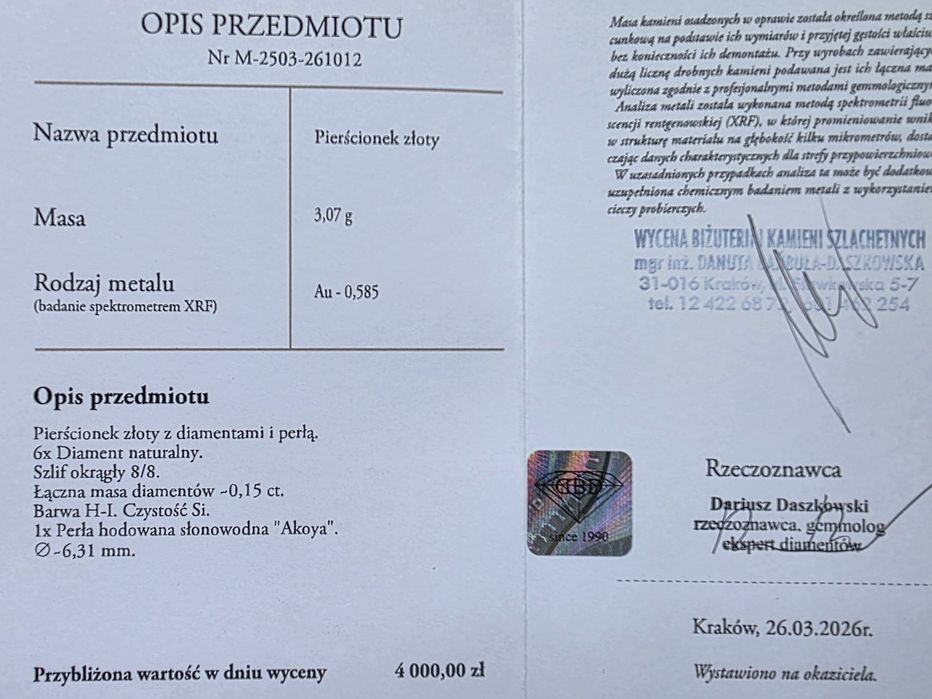 R.14 Pierścionek 18stka urodziny Akoya Diamenty 0.15ct Złoto 585 WYCENA