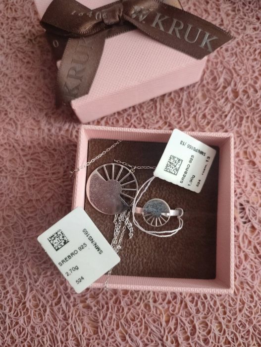 W. Kruk nowy komplet srebrny pierścionek łańcuszek zawieszka